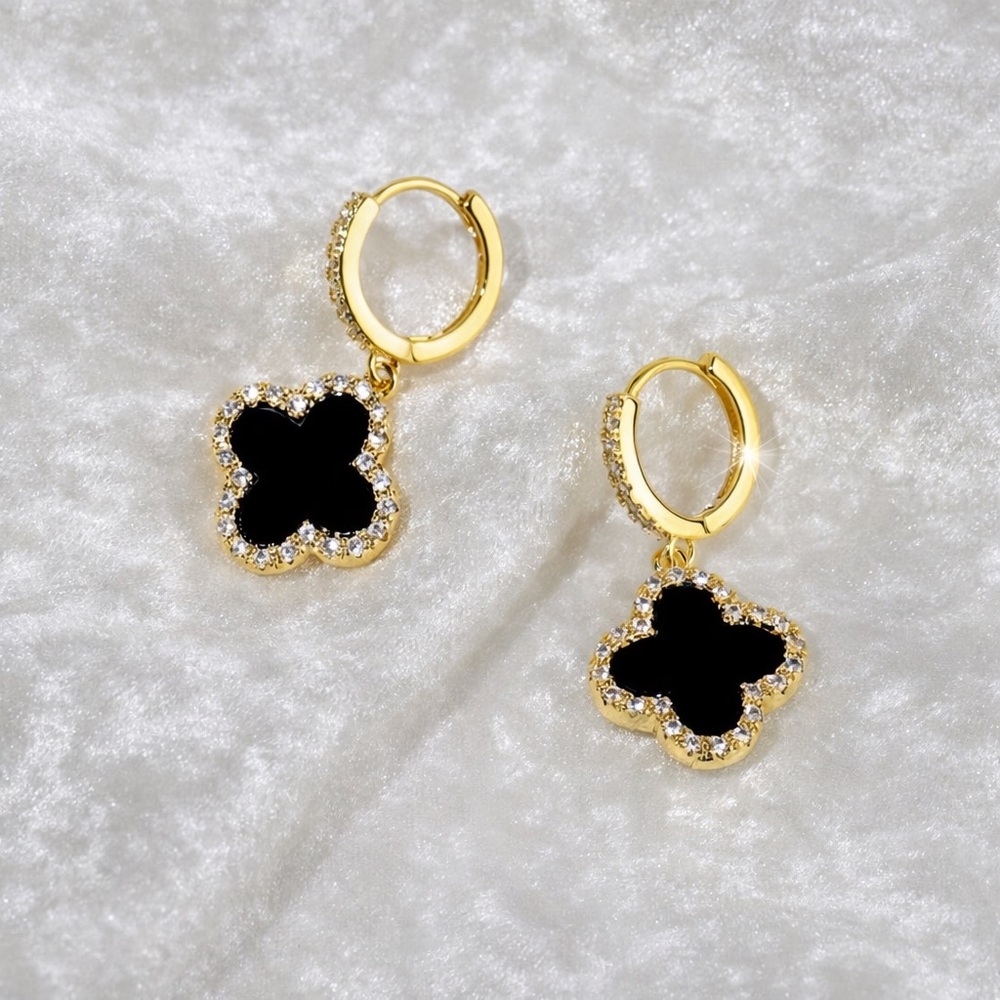 18k Gold Plated Black MarbleClover Drop Earrings with Crystal Halo